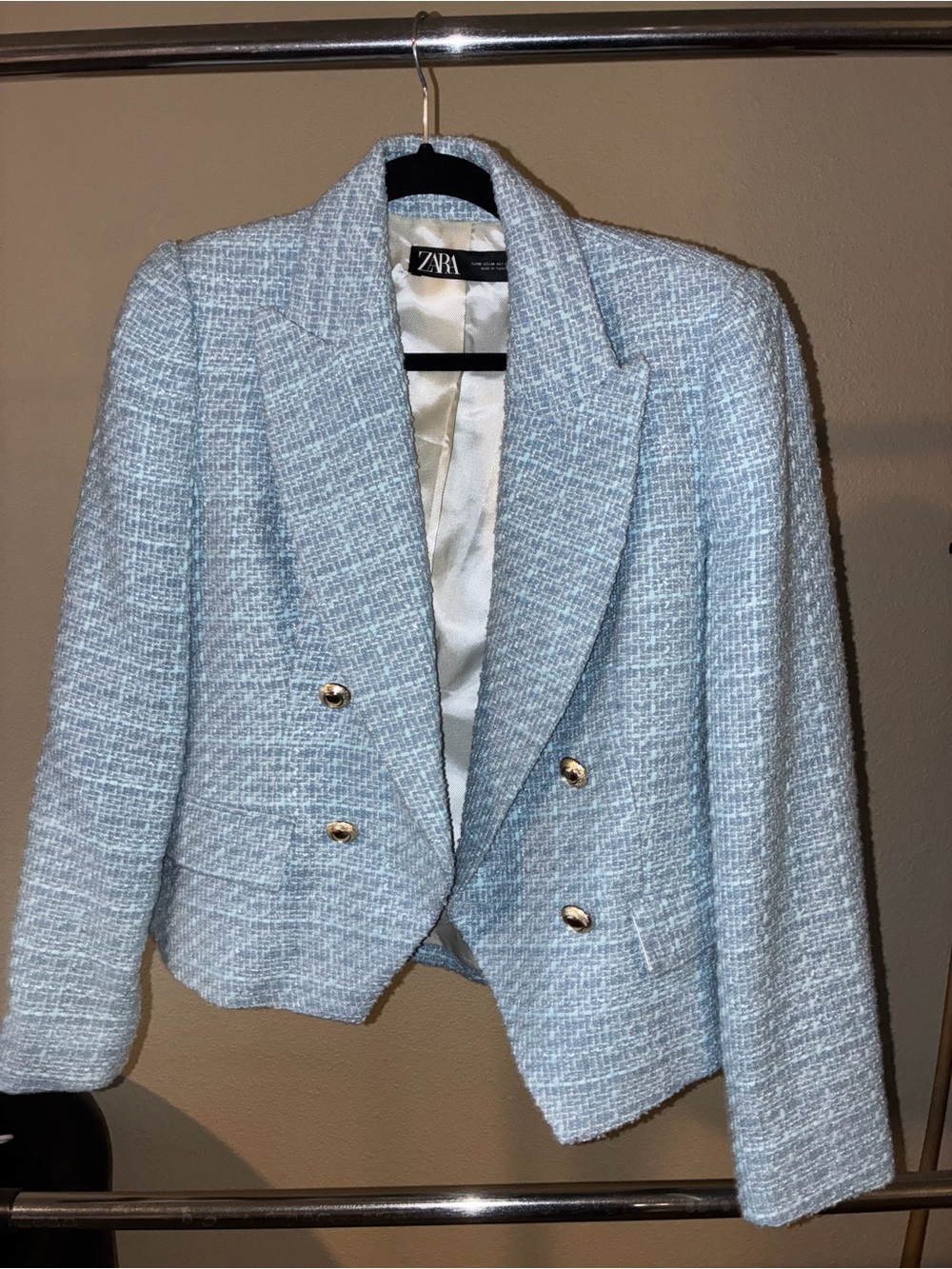 ZARA Pale Blue Tweed Double-Breasted Blazer with Gold Buttons